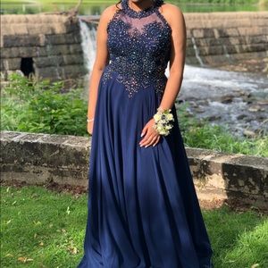 Navy Blue Halter Neck Prom Dress